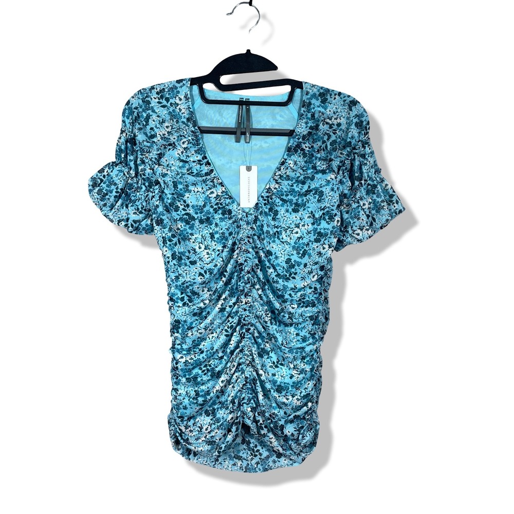 Anthropologie Ruched Blouse Womens Small Blue Floral Cottagecore Boho Romantic
